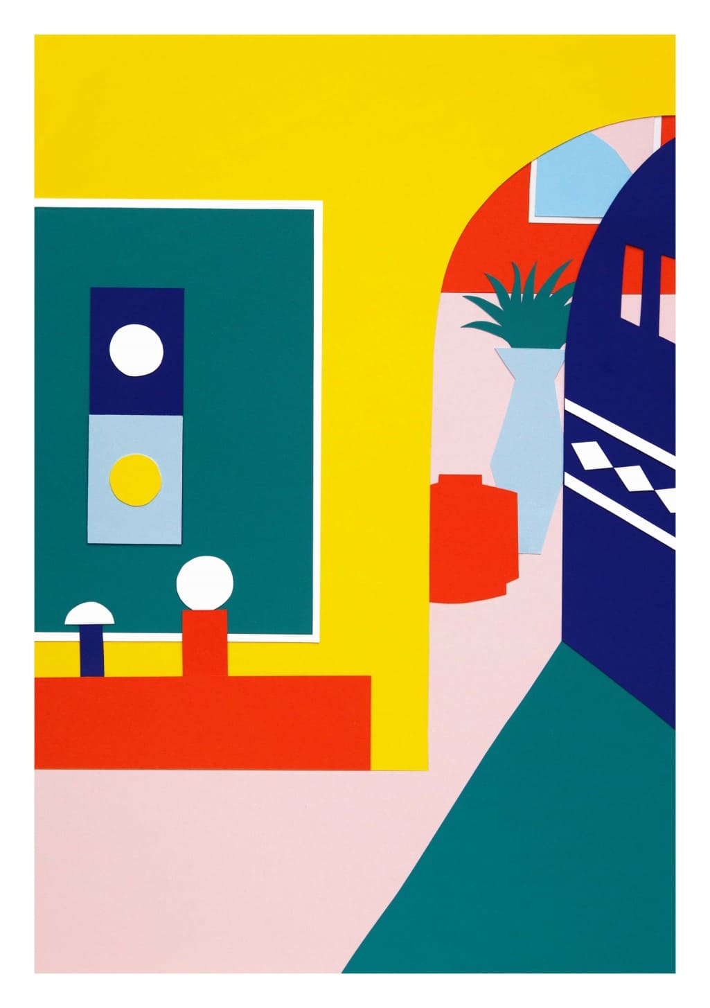 Art abstrait, couleurs vives, formes géométriques, intérieur, jaune, bleu, rouge, vert, blanc, design moderne