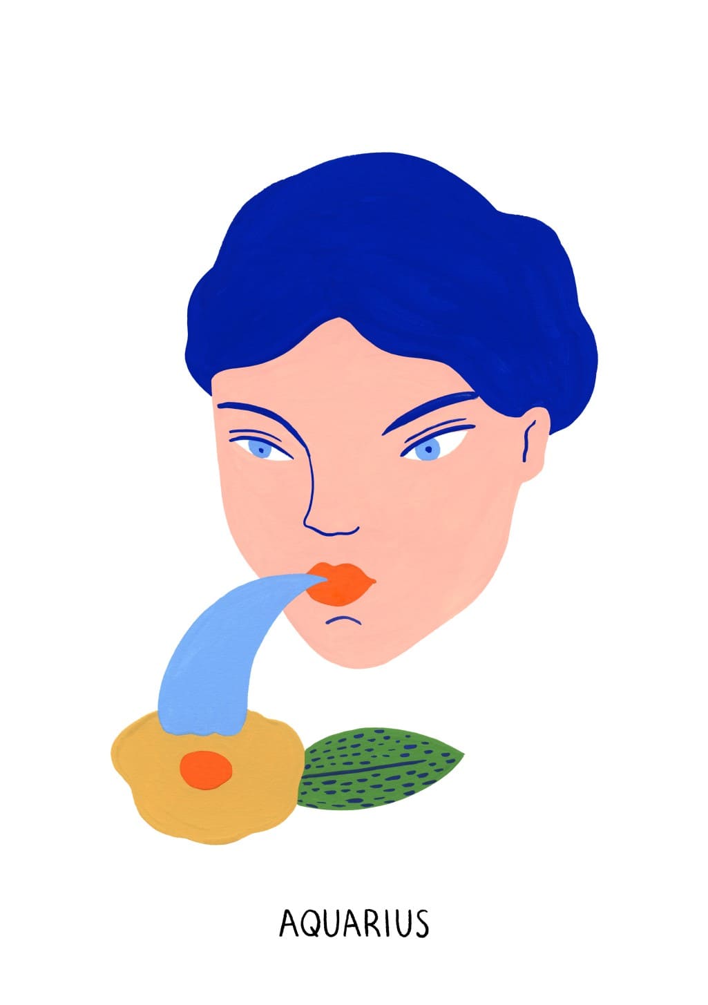 Illustration stylisée d'une femme avec un chapeau bleu, Aquarius, visage pensif, fruits, feuille verte