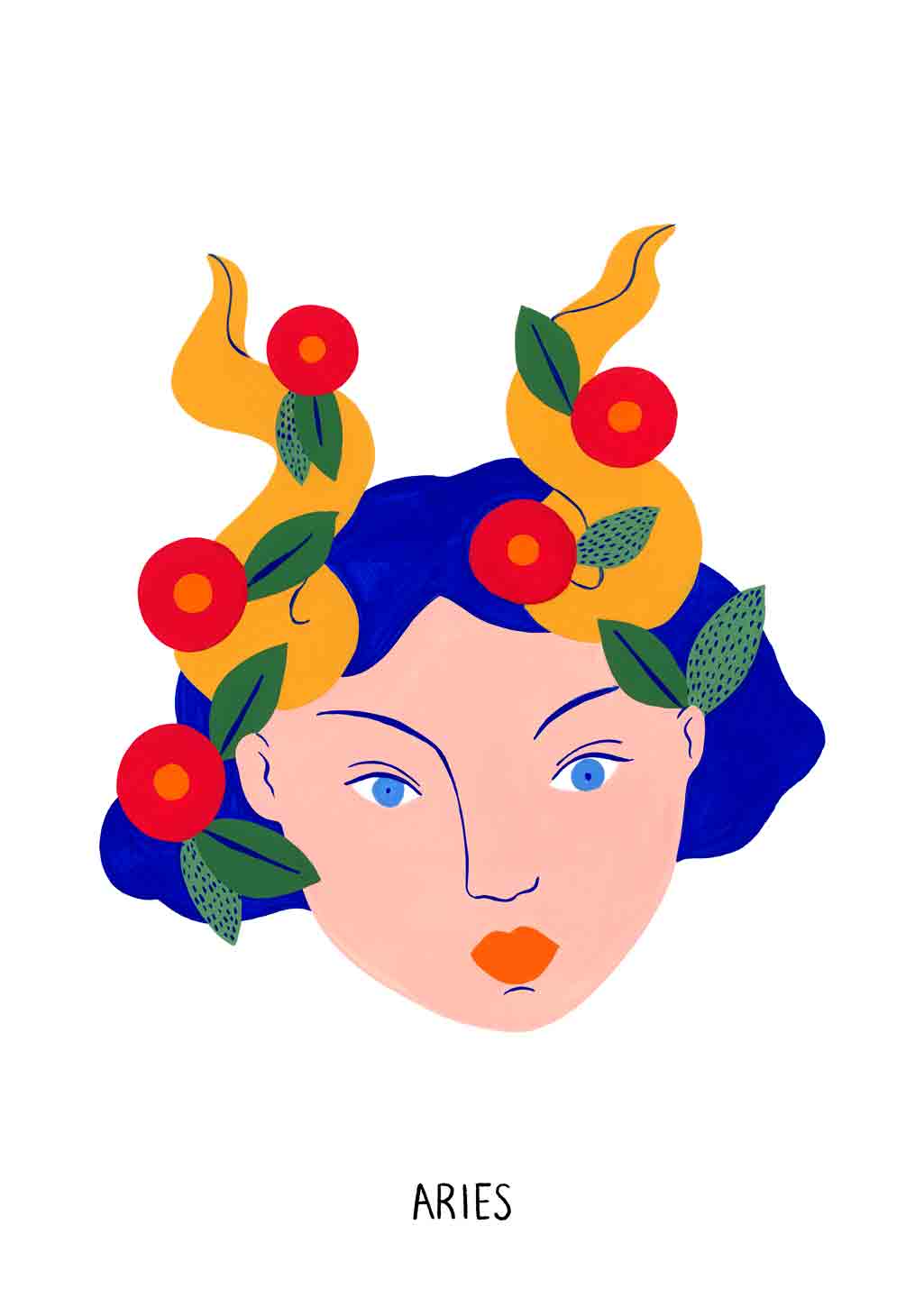 Illustration de femme avec couronne de fleurs, bleu, orange, yeux, ARIES en bas