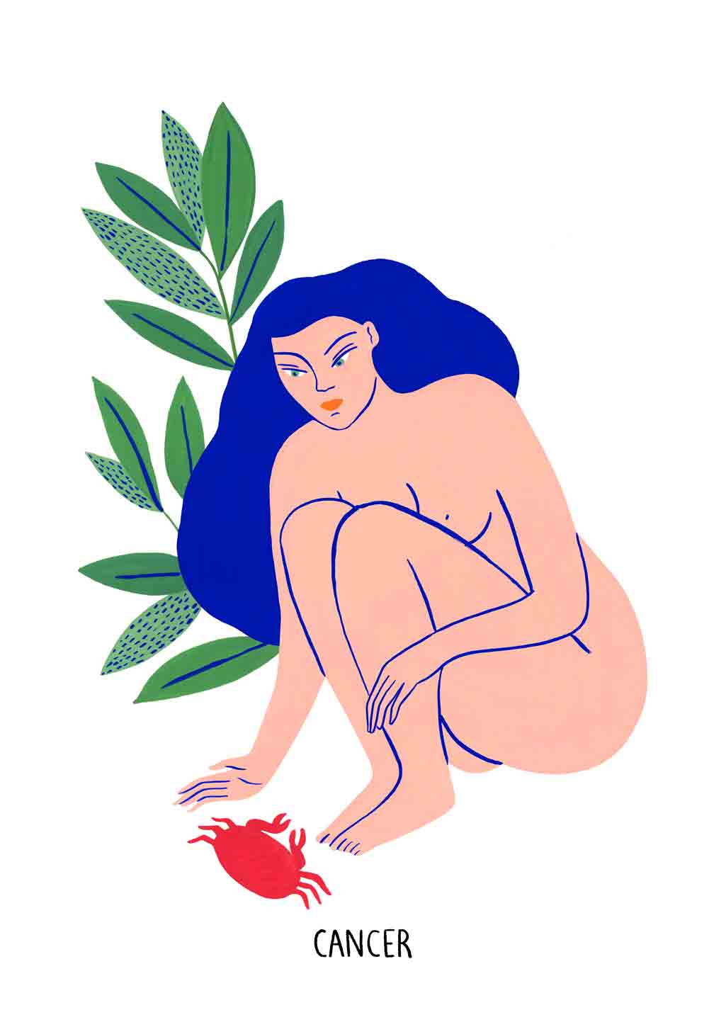 Illustration de femme aux cheveux avec un crabe, Cancer astrologique