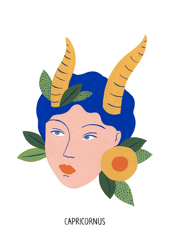 Illustration stylisée de visage de Capricorne avec cornes et feuilles