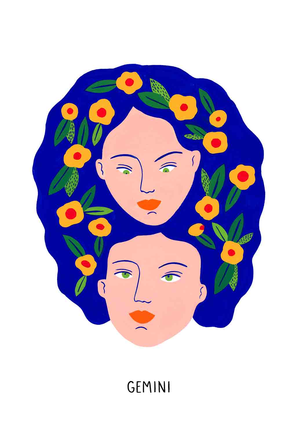 Illustration de femmes, cheveux, fleurs jaunes, visage double, signe astrologique Gémeaux