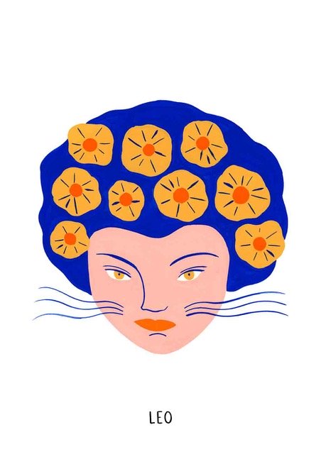 Illustration de femme avec cheveux et fleurs, visage rose, yeux orange, zodiaque lion