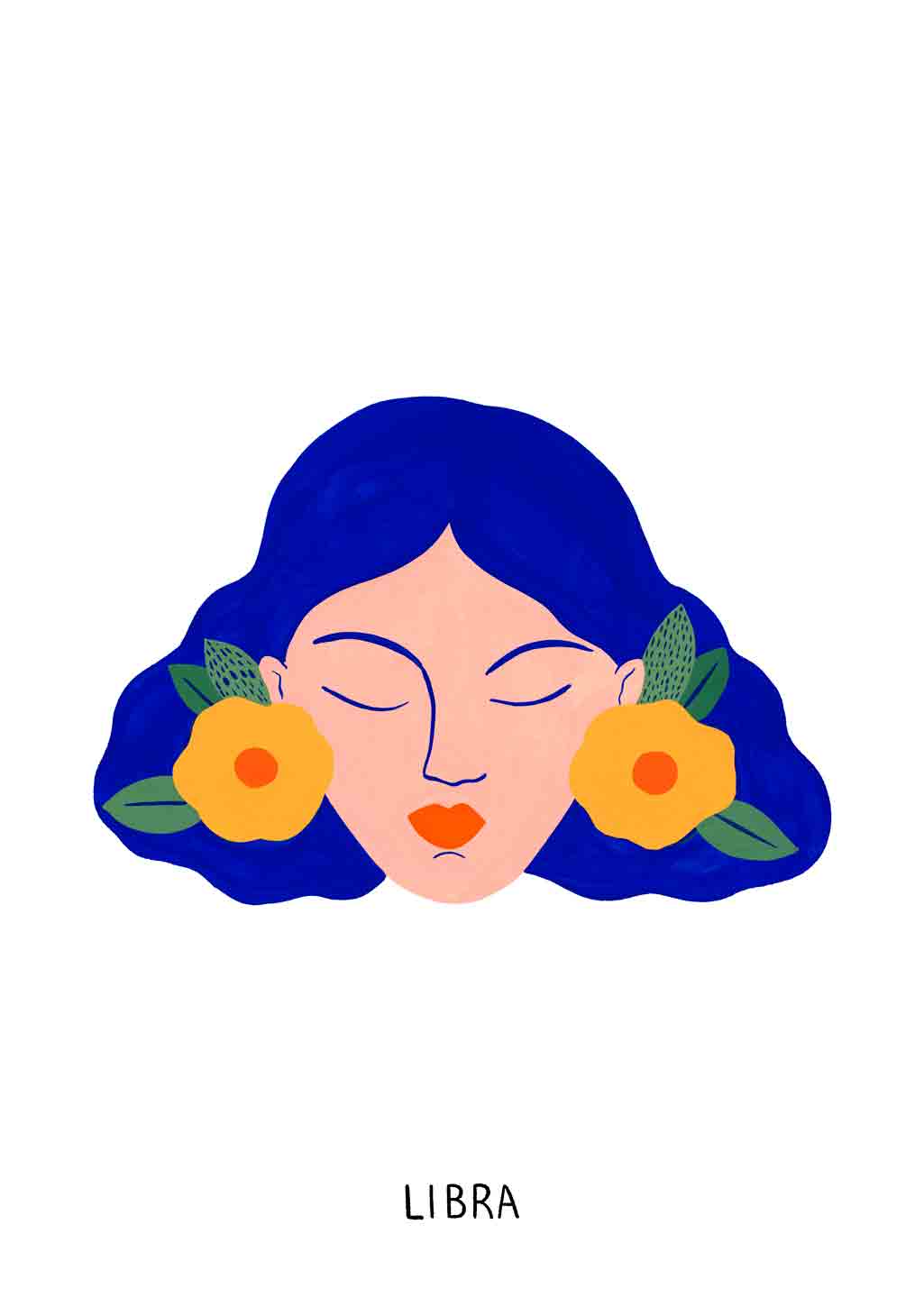 Illustration stylisée d'une femme avec des cheveux et des fleurs jaunes, étiqueté LIBRA