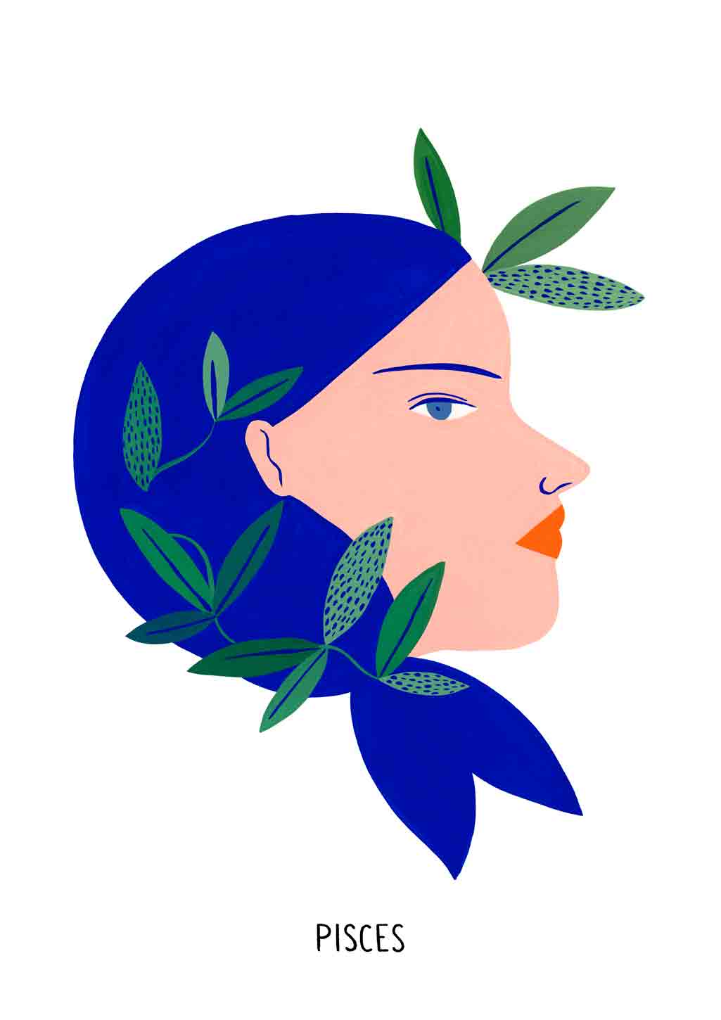 Illustration stylisée de femme, cheveux, feuilles vertes, texte "PISCES"