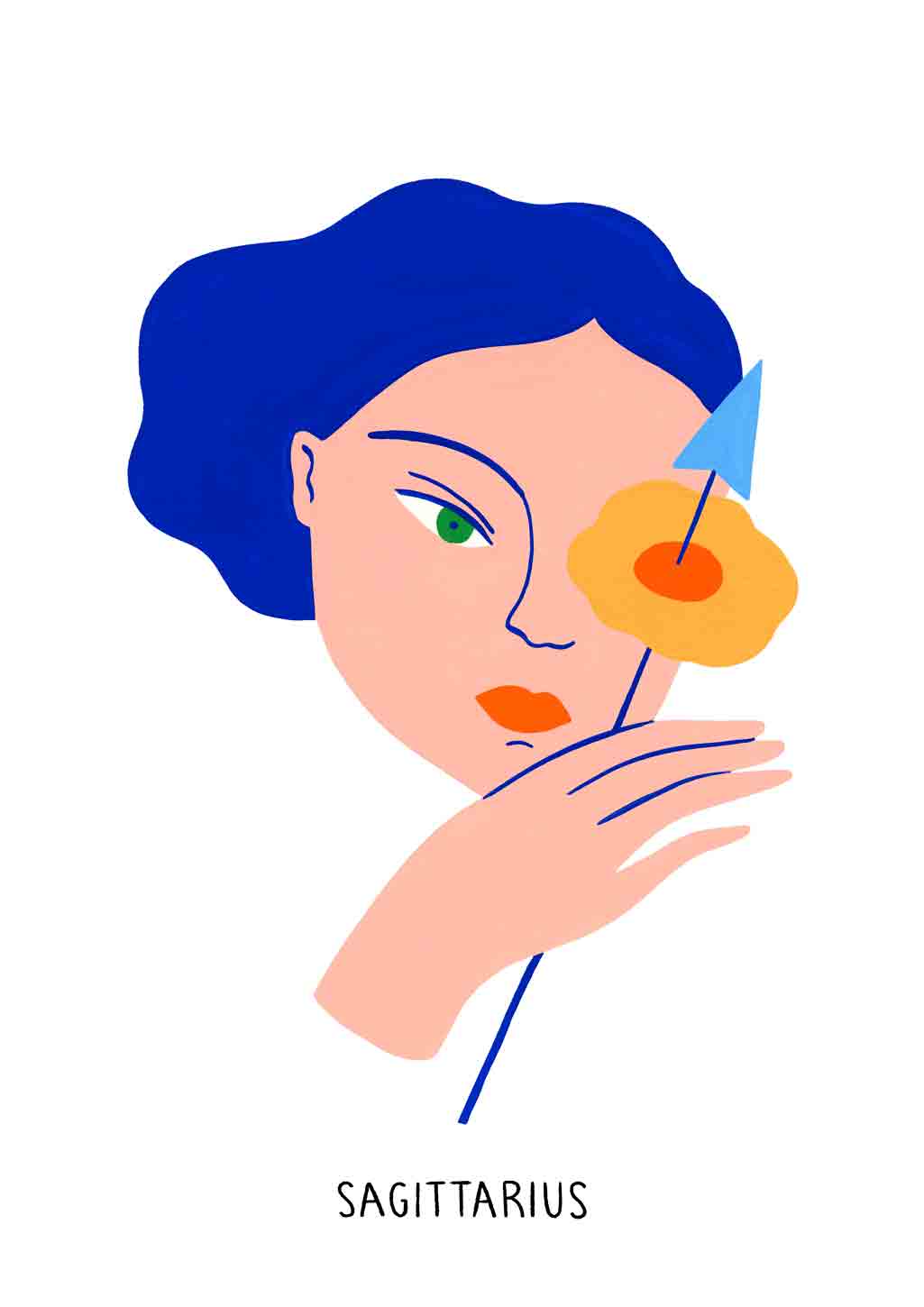 Illustration stylisée de femme bleue, Sagittaire, fleur orange, cheveux, main, visage, yeux verts, lèvres rouges