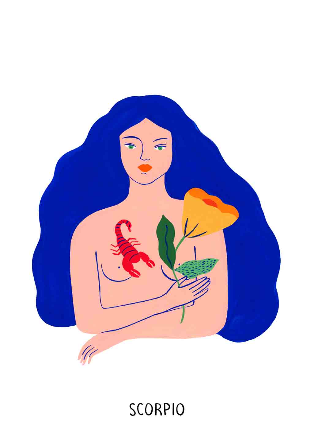 Illustration de femme bleue avec scorpion et fleur, étiqueté Scorpion