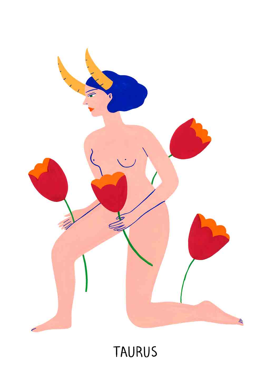 Illustration de femme avec des fleurs, cornes bleues, nudité, étiquette TAURUS