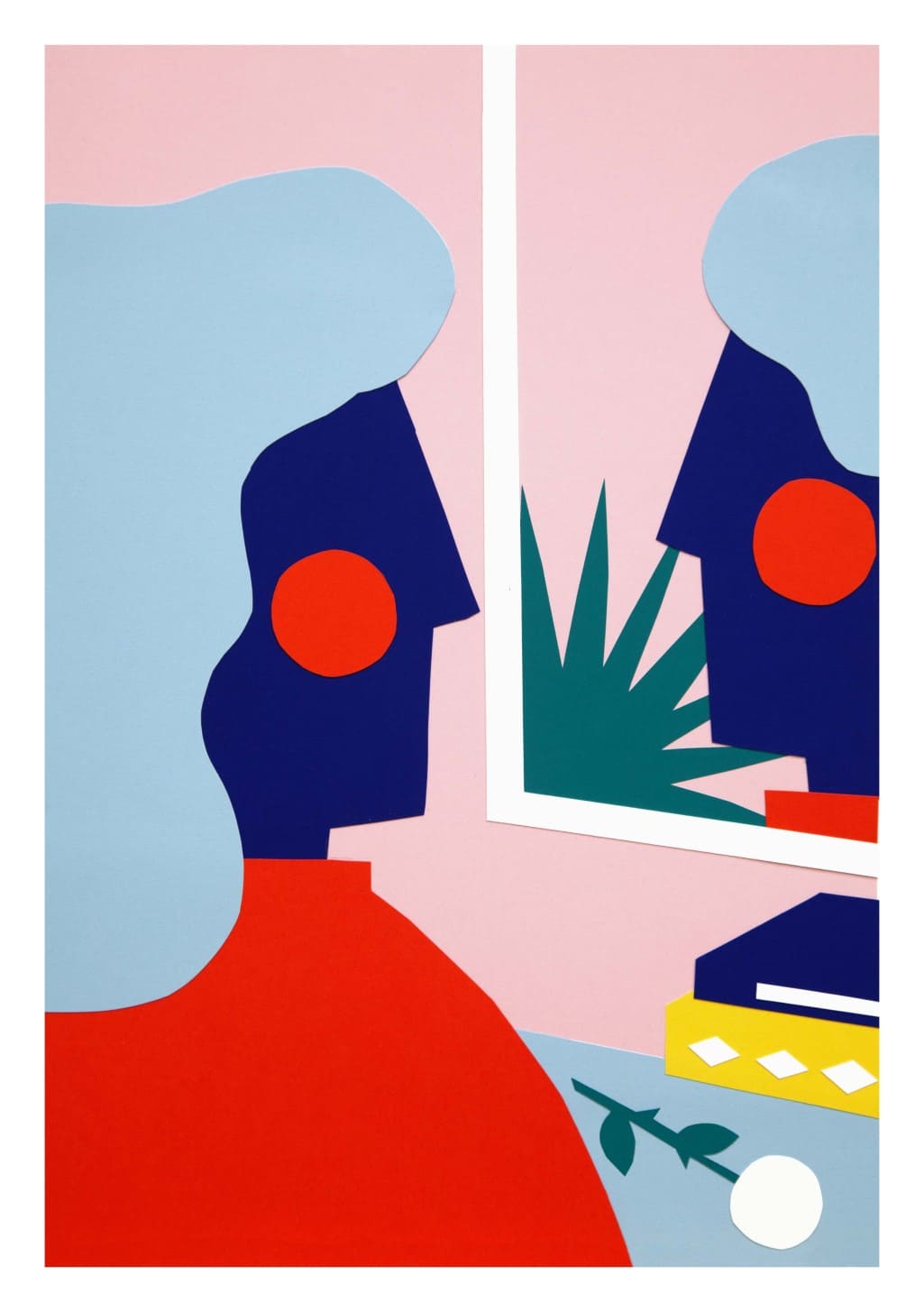 Art abstrait, formes géométriques, couleurs vives, deux figures, cercle rouge, fenêtre, plante verte, bâtiment jaune