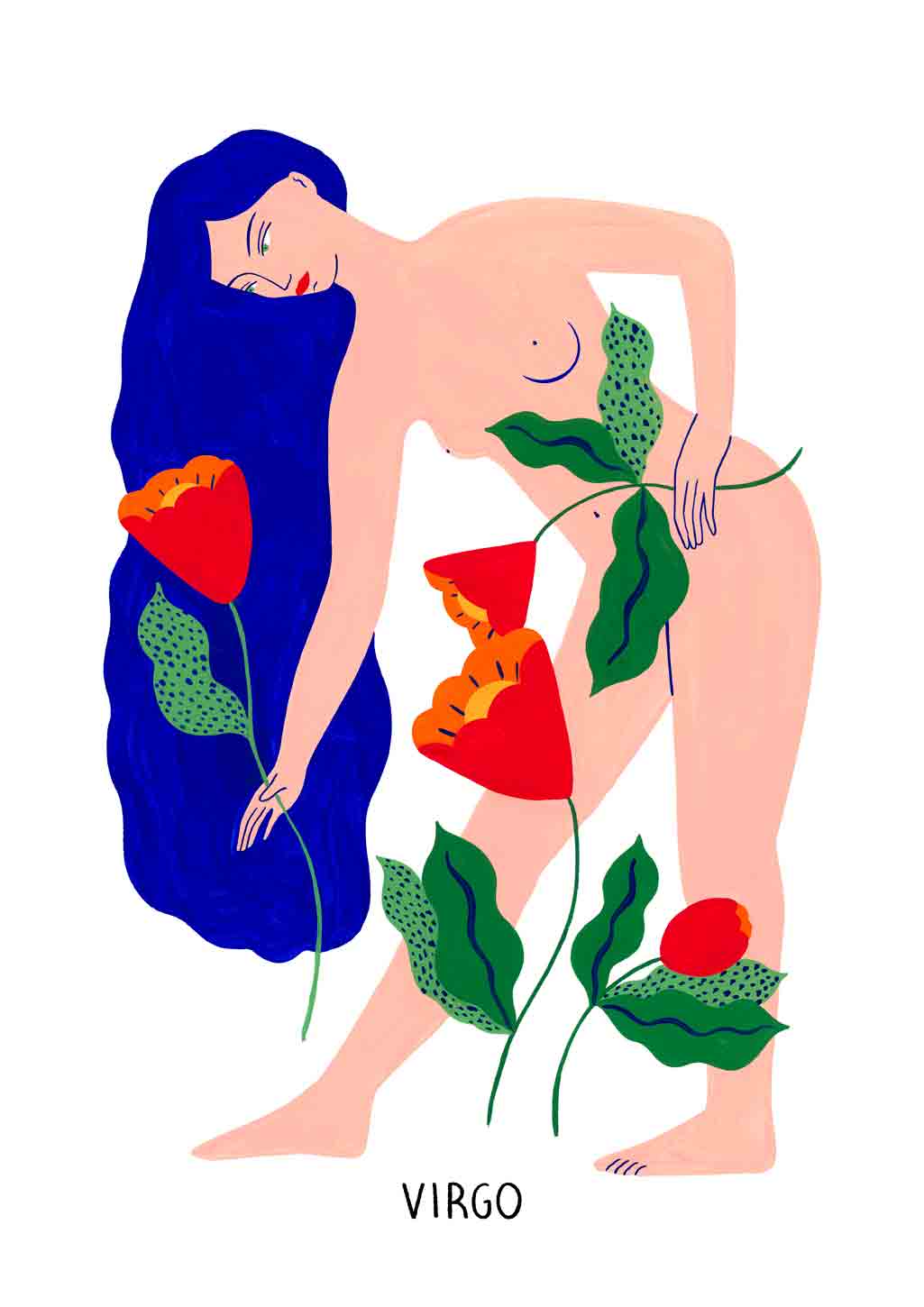 Illustration abstraite de femme, fleurs rouges, feuilles vertes, signe du zodiaque Vierge