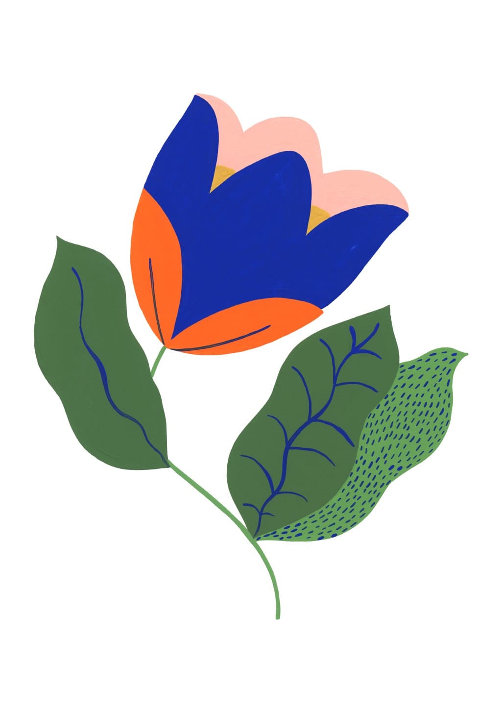 Fleur stylisée, couleurs vives, feuilles vertes, design abstrait