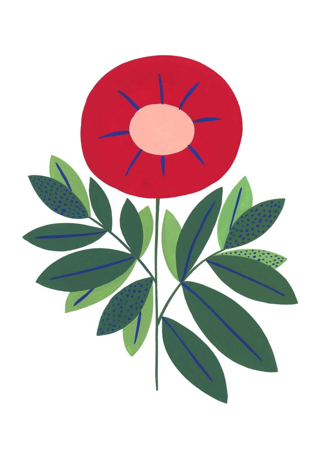 Fleur rouge avec feuilles vertes stylisées