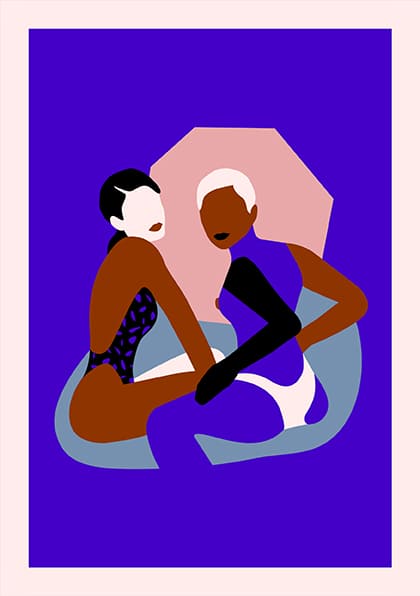 Art abstrait, deux figures, couleurs vives, interaction intime, formes géométriques