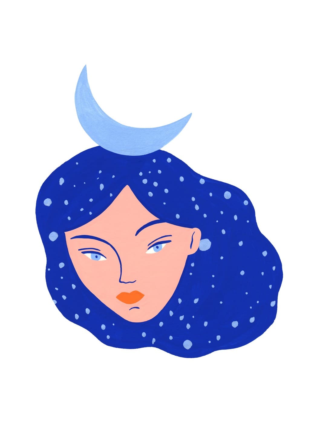 Femme, cheveux, lune, visage, orange, lèvre, yeux, étoiles, art, simple, créatif, illustration