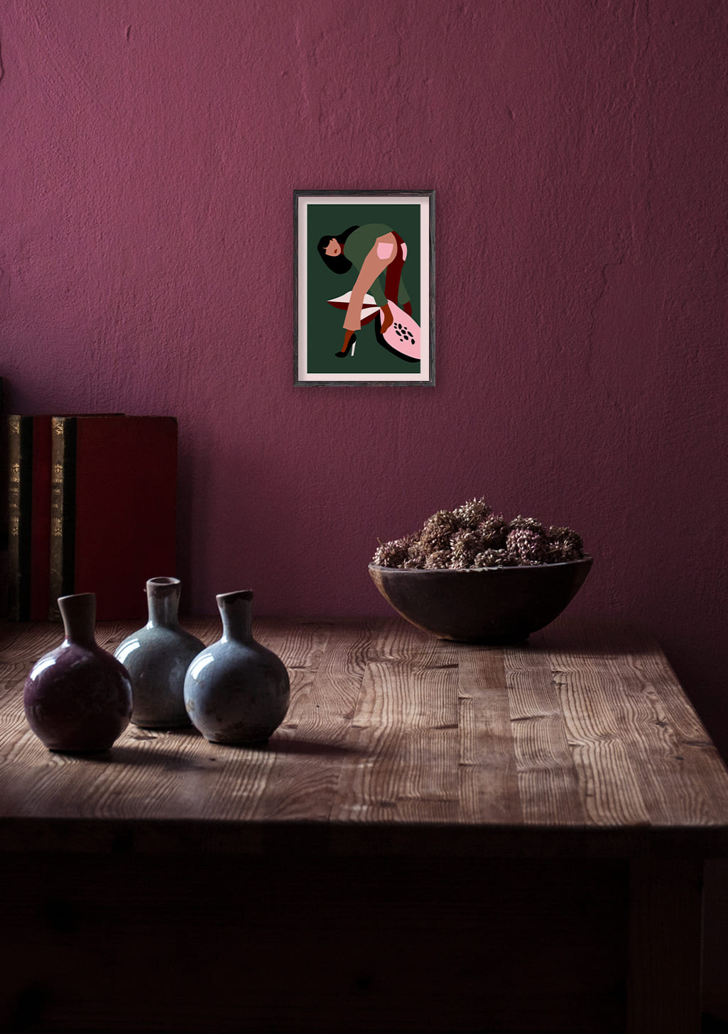 Art abstrait, femme, talons hauts, fond vert