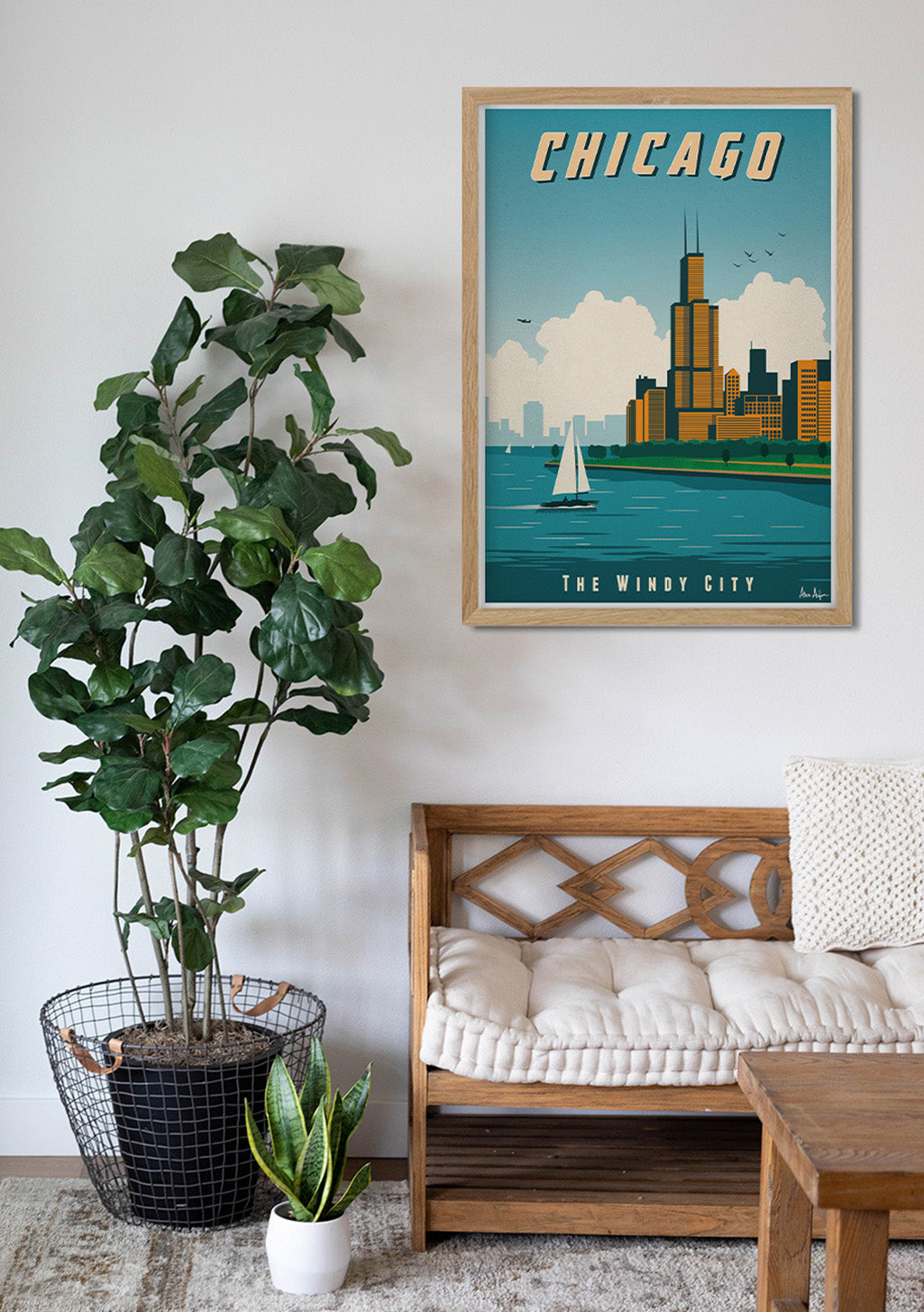 Poster de Chicago, Ville du Vent, paysage urbain, skyline, voile, ciel bleu, vintage
