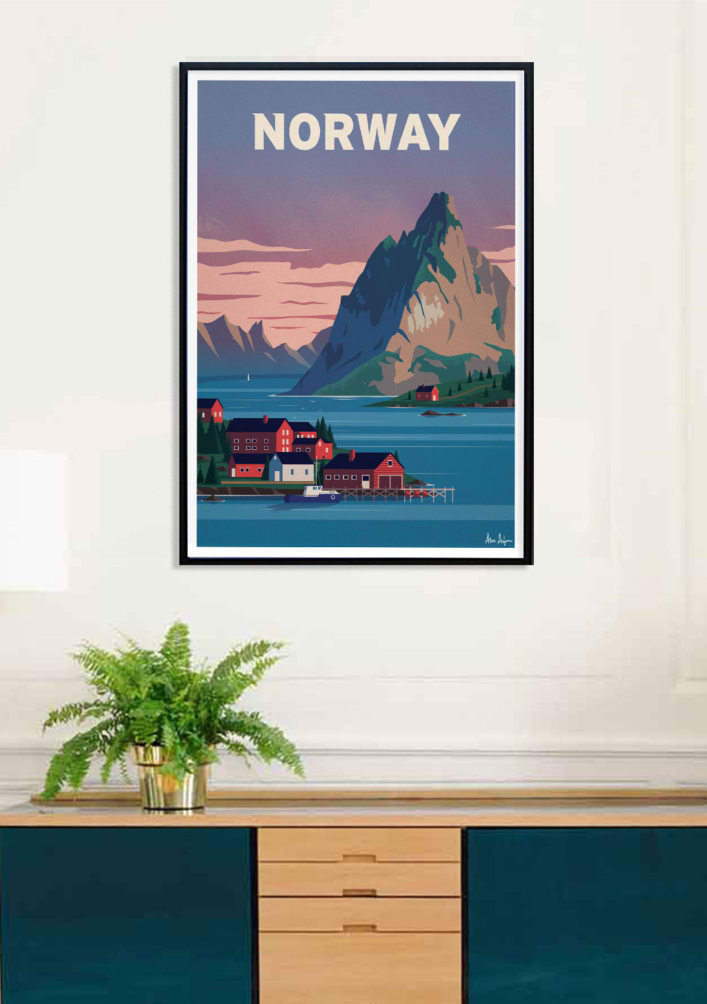 Paysage norvégien, montagne, village, coucher de soleil, bateau, maisons colorées