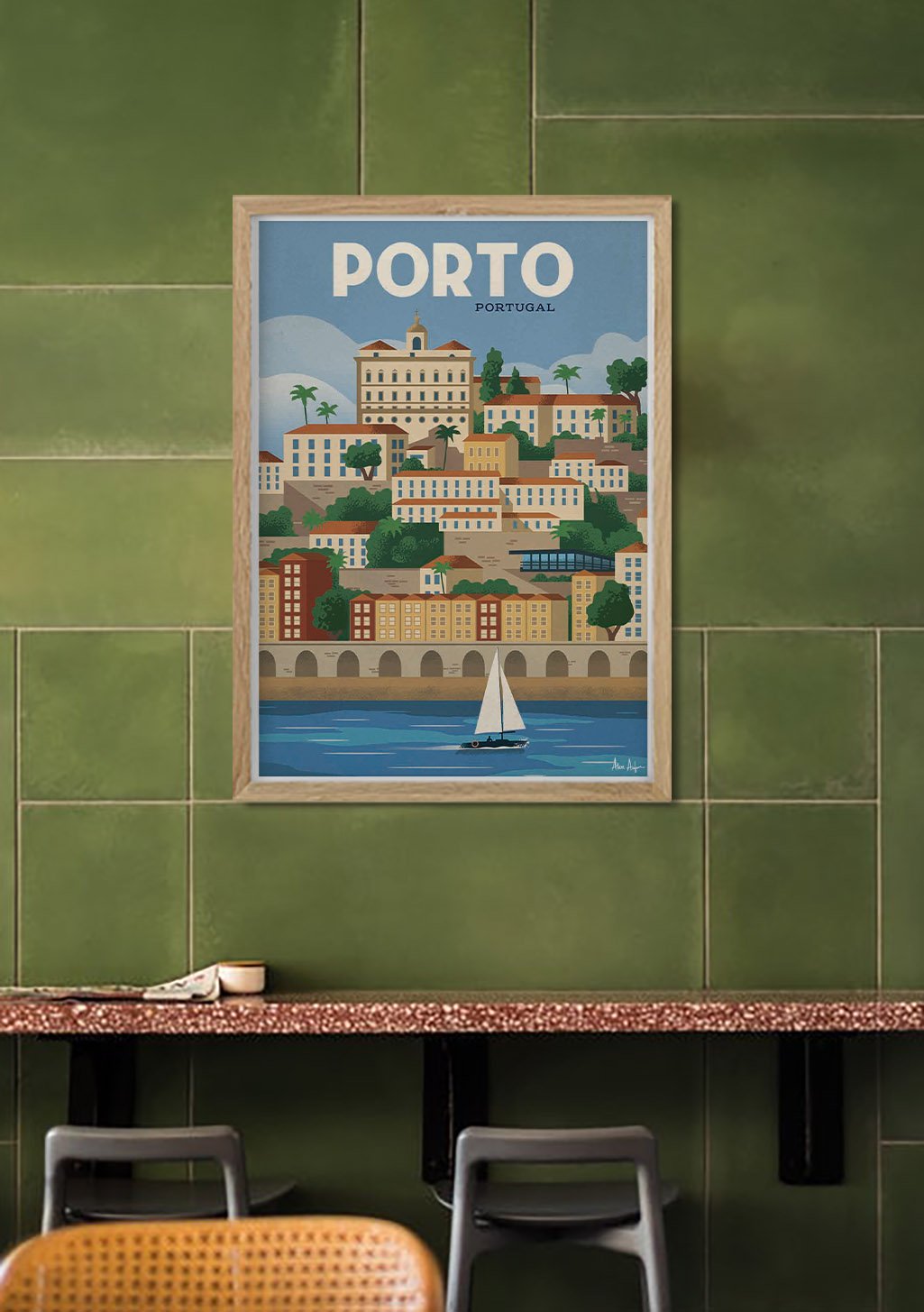 Poster de Porto, Portugal, ville, rivière, bateau, bâtiments, couleurs vives