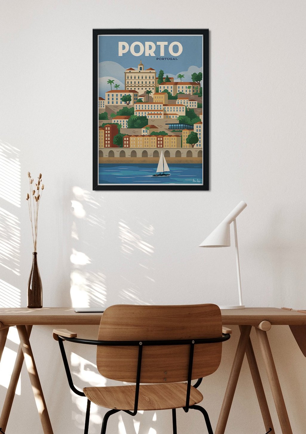 Poster de Porto, Portugal, ville, bateau, rivière, bâtiments, illustration colorée