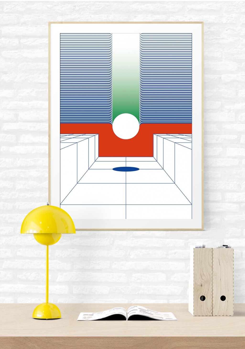 Art abstrait, lignes verticales, cercles, couleurs vives, perspective 3D