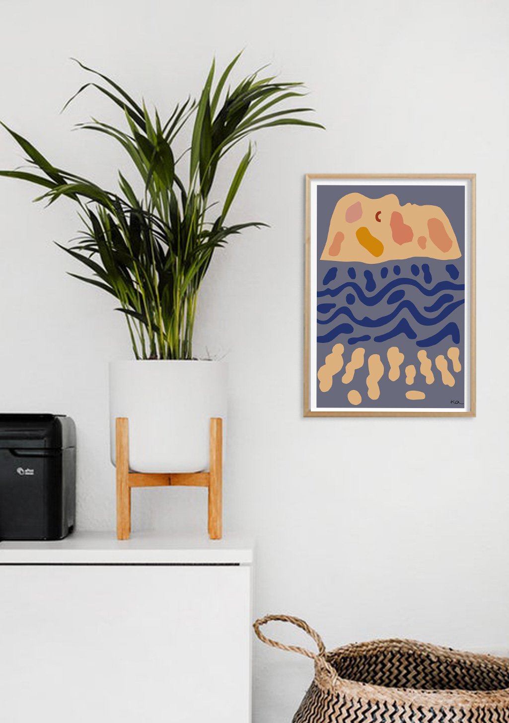 Poster abstrait avec vagues et rochers colorés