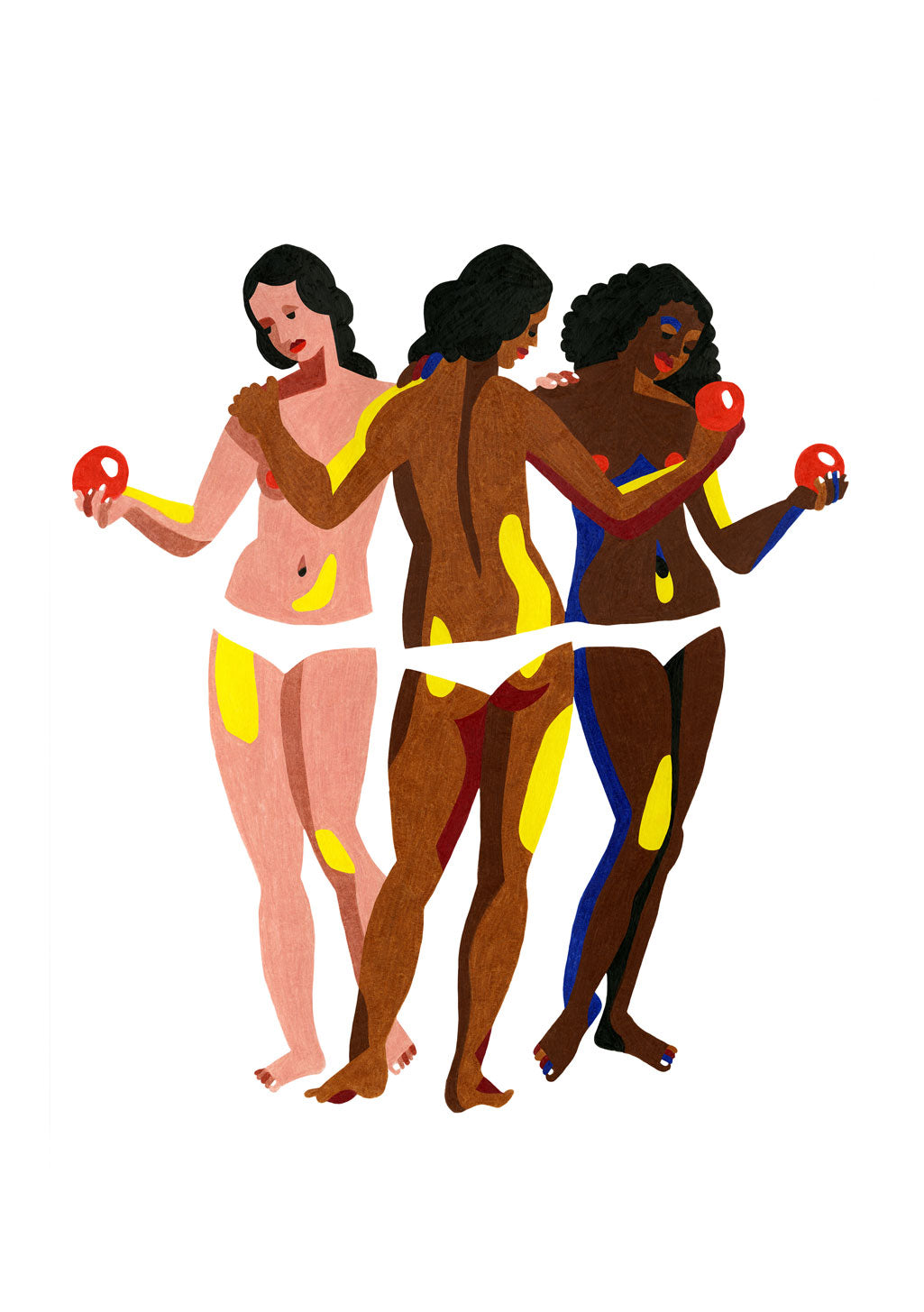 Illustration de trois femmes de différentes ethnies, levant des haltères, bras enlacés