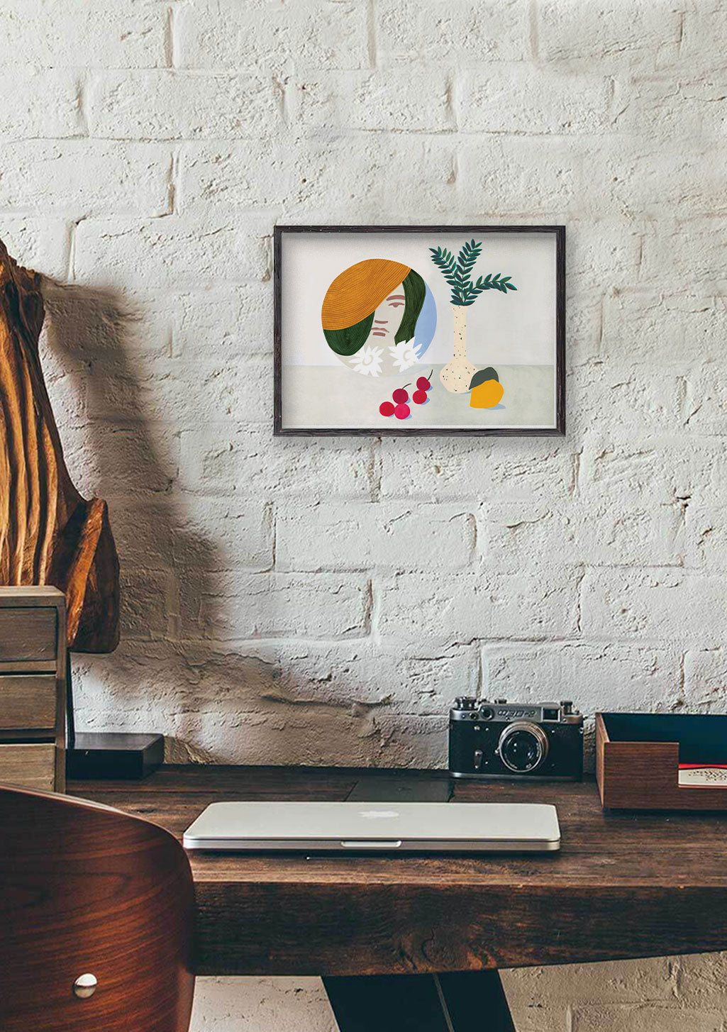 Femme, palmier, fruits, couleurs vives, style artistique