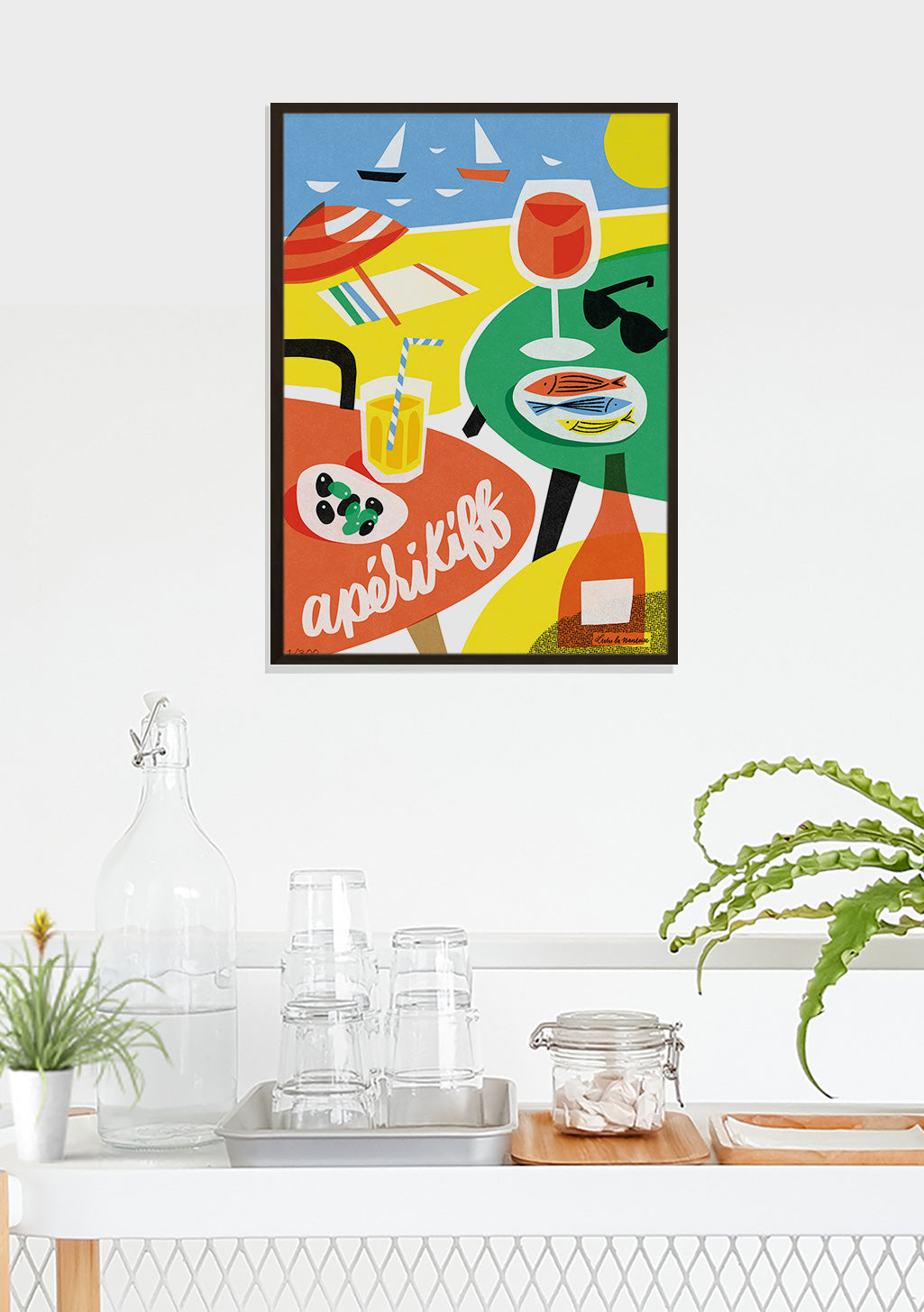 Poster de plage, apéritif, vin, nourriture, bateau, soleil, verre, table, couleurs vives