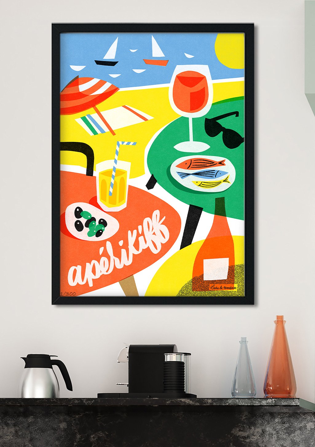 Plage, vin, nourriture, bateau, soleil, apéritif, verre, fruits, lunettes de soleil, jaune, bleu, orange