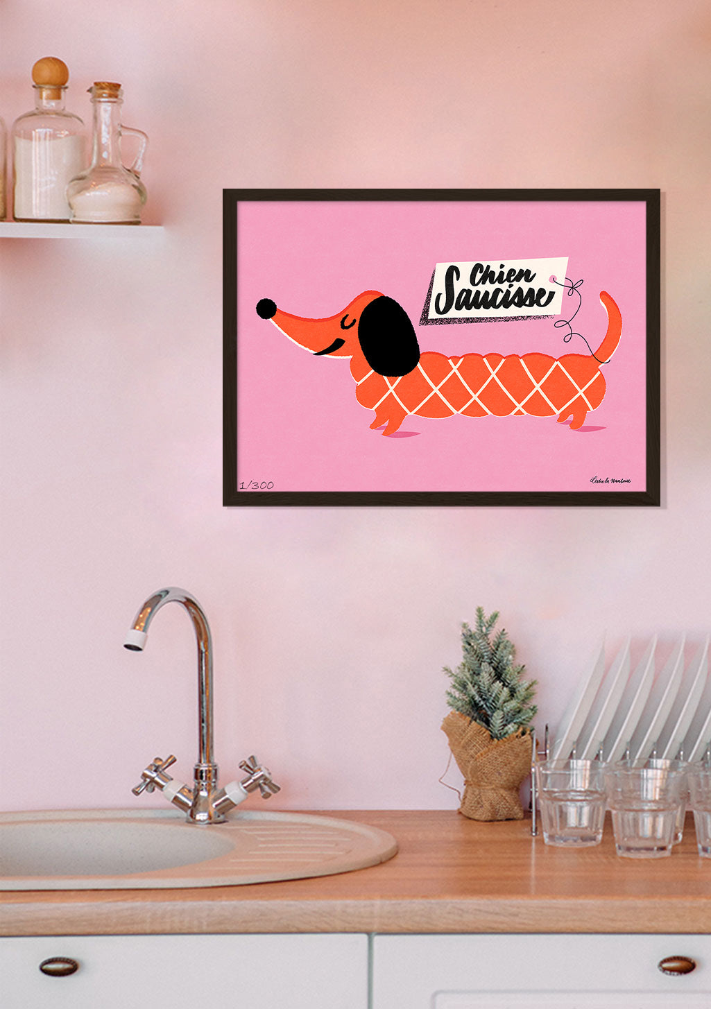 Chien Saucisse poster, dachshund, motif à carreaux, texte français