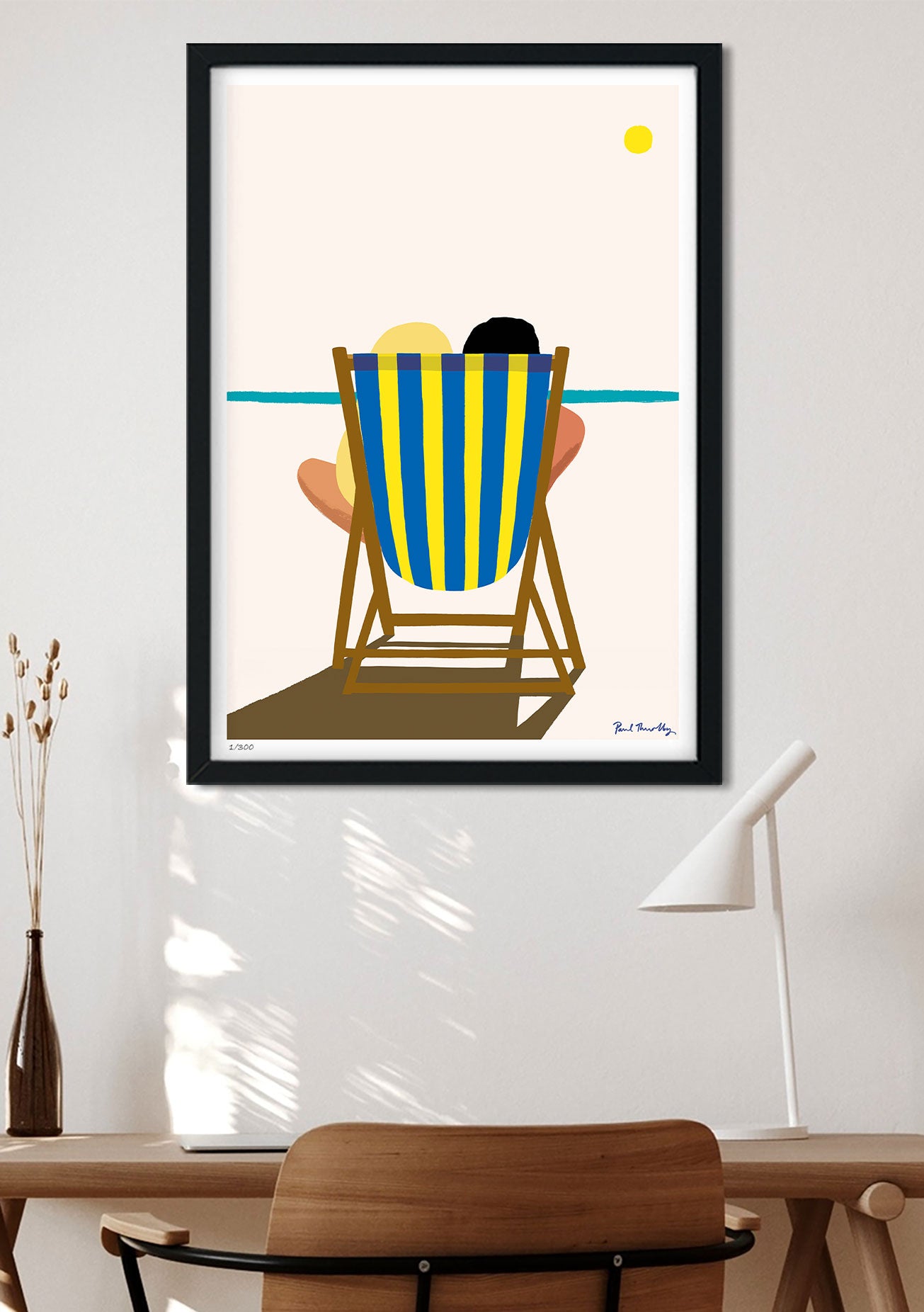 Chaises de plage, soleil, homme, bleu, jaune, cadre, mur blanc, minimaliste, moderne, intérieur, design, art