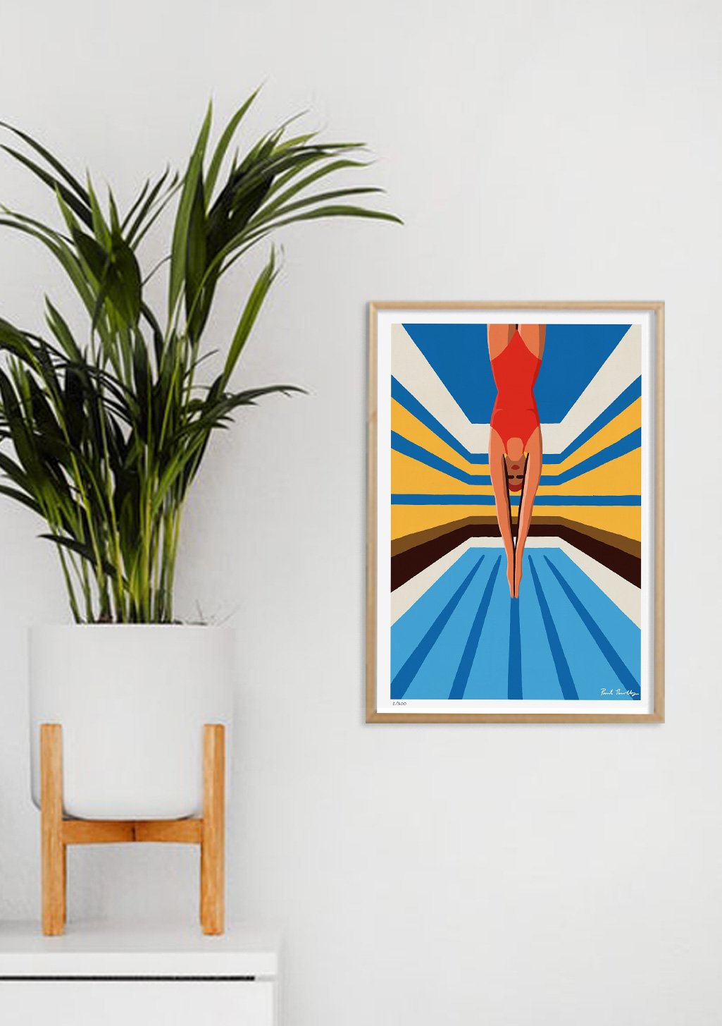 Art abstrait, personne en rouge, lignes géométriques, couleurs vives