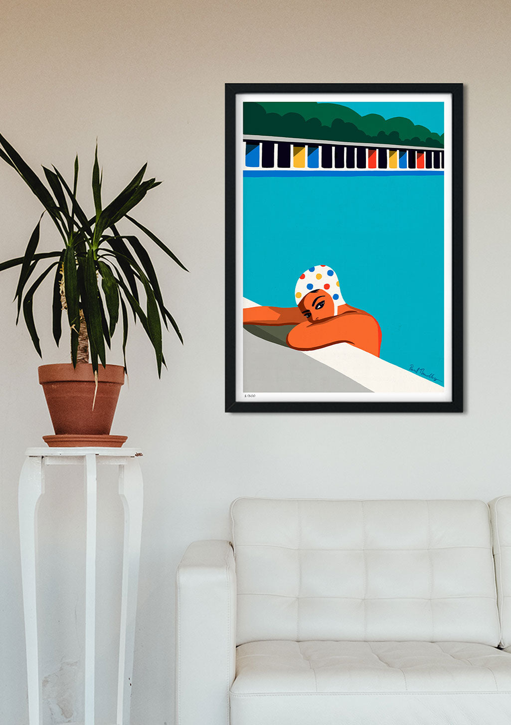 Poster de baignade, femme en maillot de bain, paysage aquatique coloré