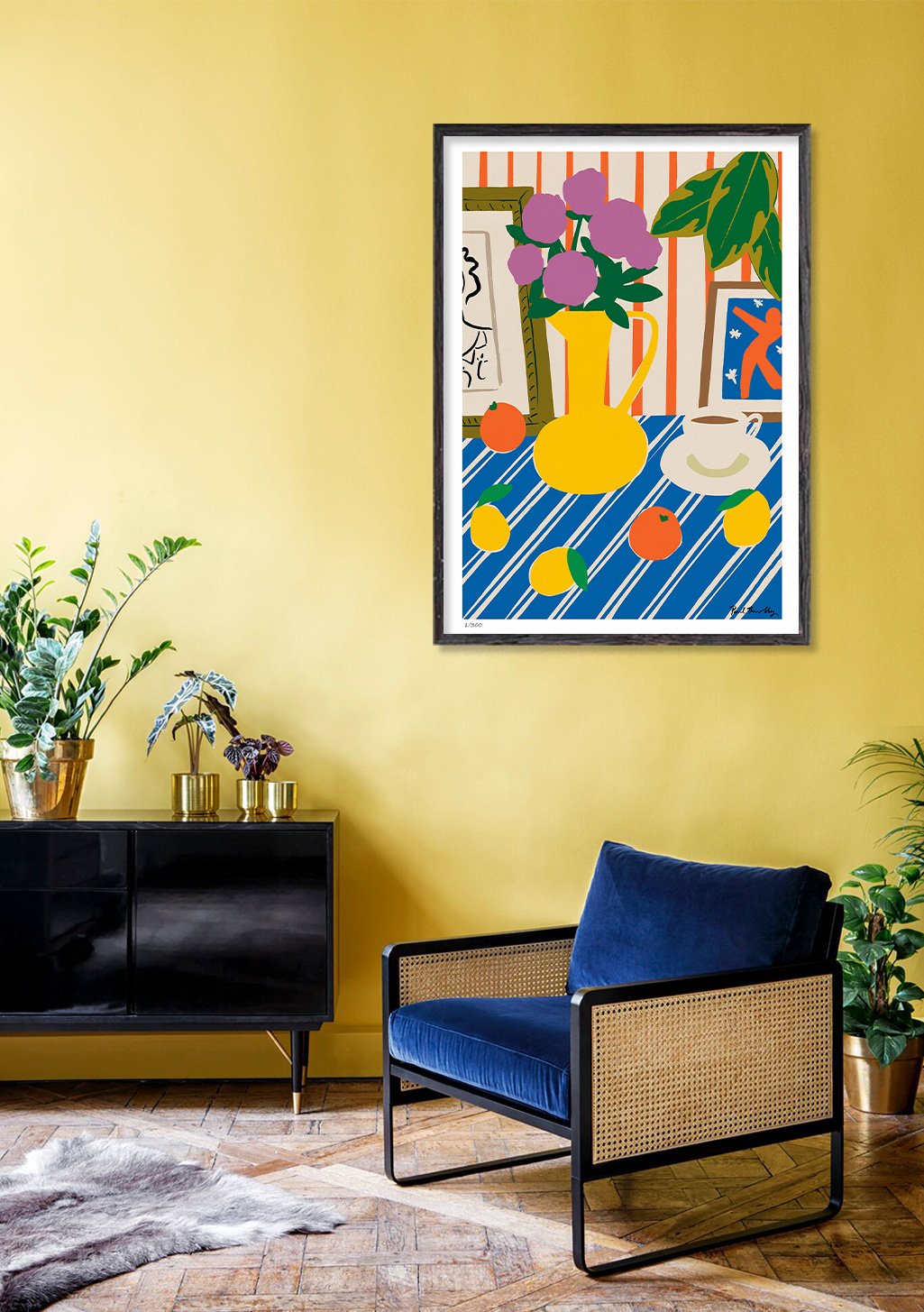 Poster avec fleurs violettes, fruits, motifs colorés