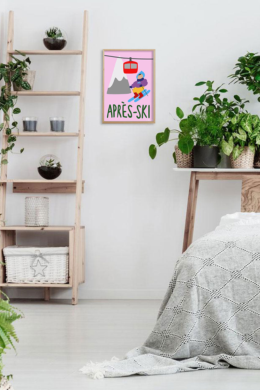 Poster APRÈS-SKI, ski, télésiège, montagne, skieur, couleurs vives