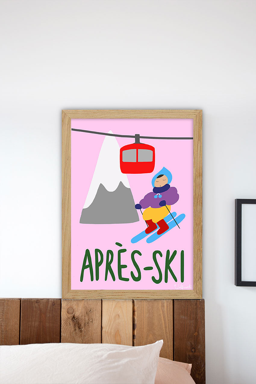 Poster de ski alpin rose avec télésiège et skieur