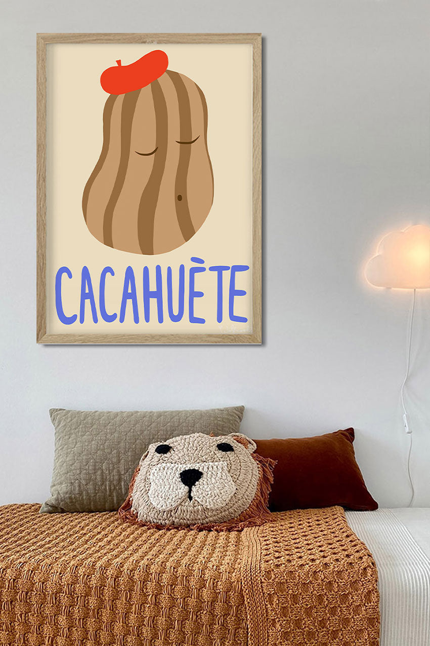 Poster de cacahuète avec béret rouge, cadre en bois, lit, coussin animal