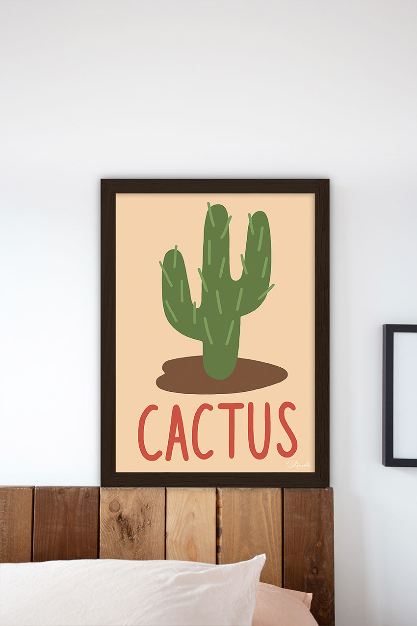 Cactus vert sur fond beige, cadre noir, texte rouge