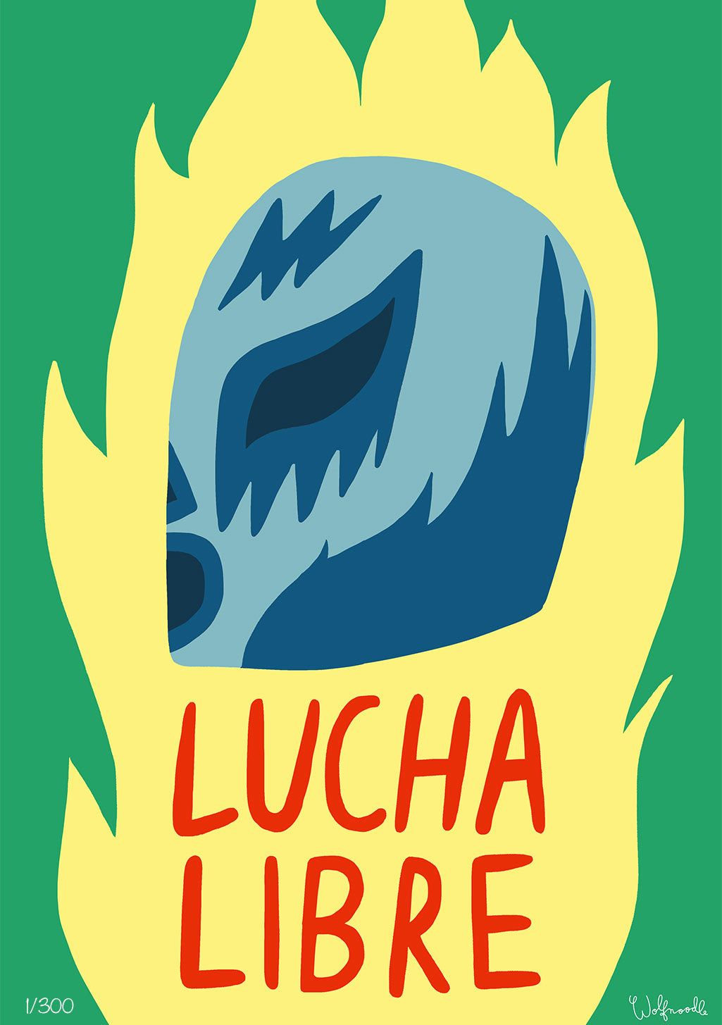 Masque bleu enflammé, texte "LUCHA LIBRE" rouge, fond vert et jaune