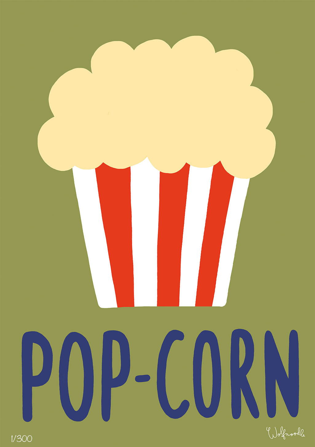 Illustration de pop-corn dans un seau à rayures rouges et blanches sur fond vert