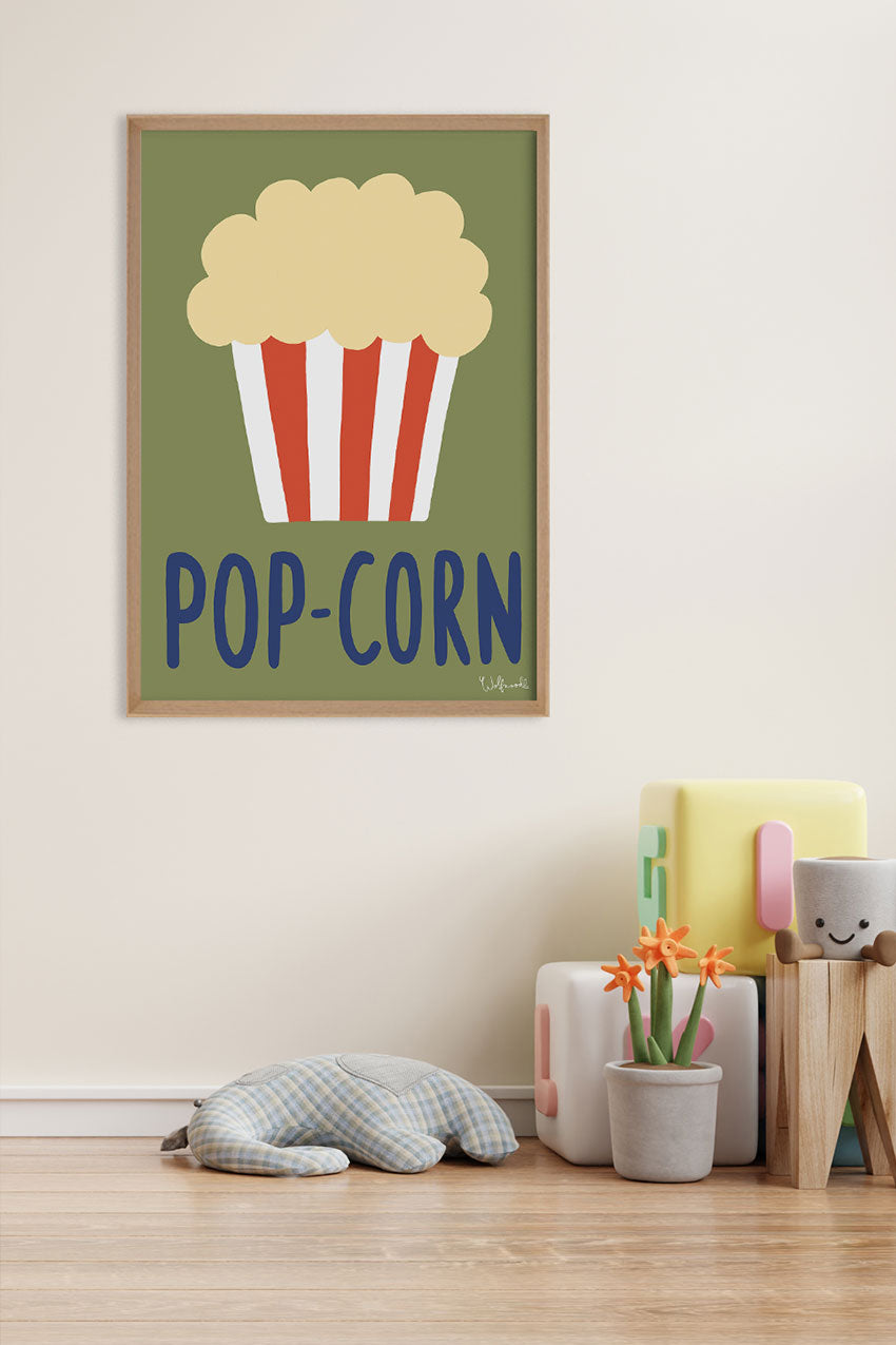 Poster de pop-corn vert avec texte et image de pop-corn