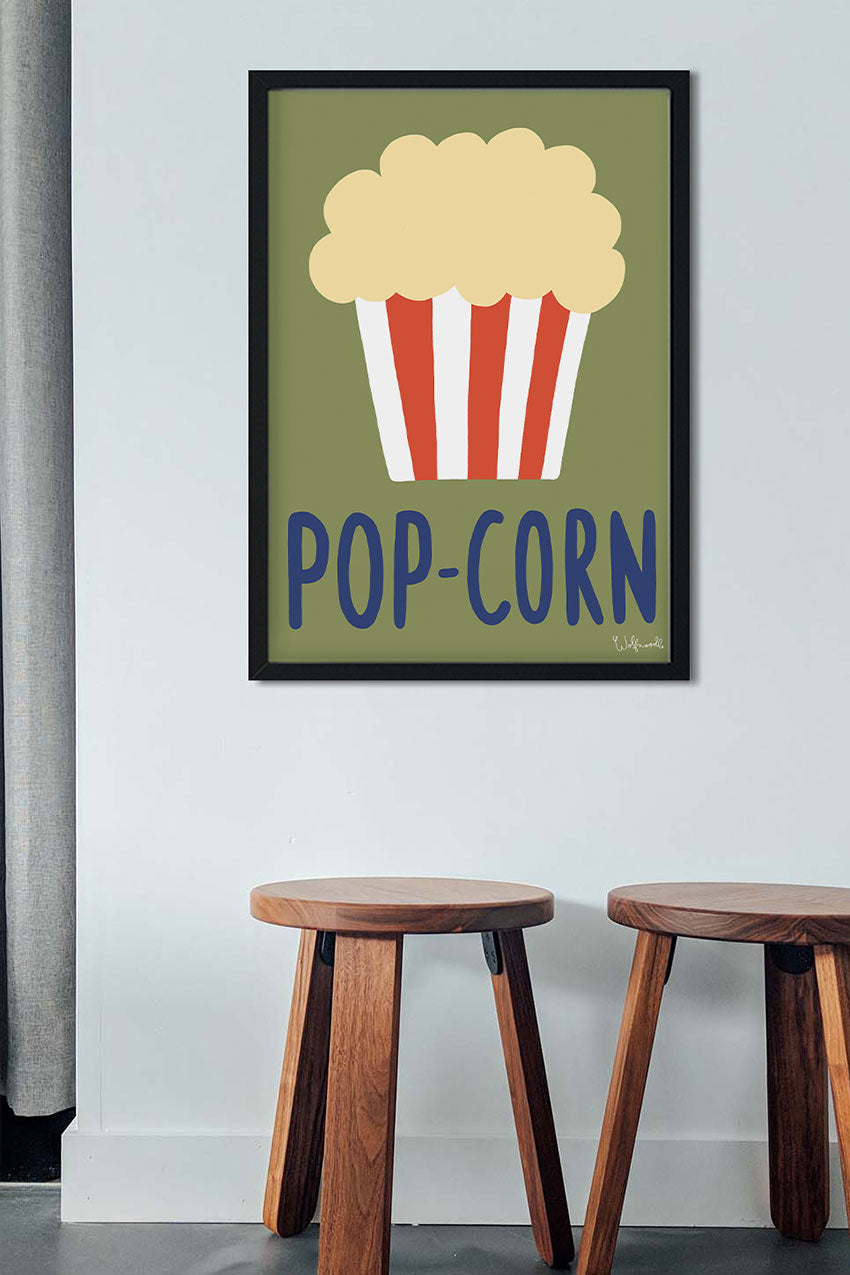 Poster de pop-corn stylisé, vert, rouge, blanc, bleu