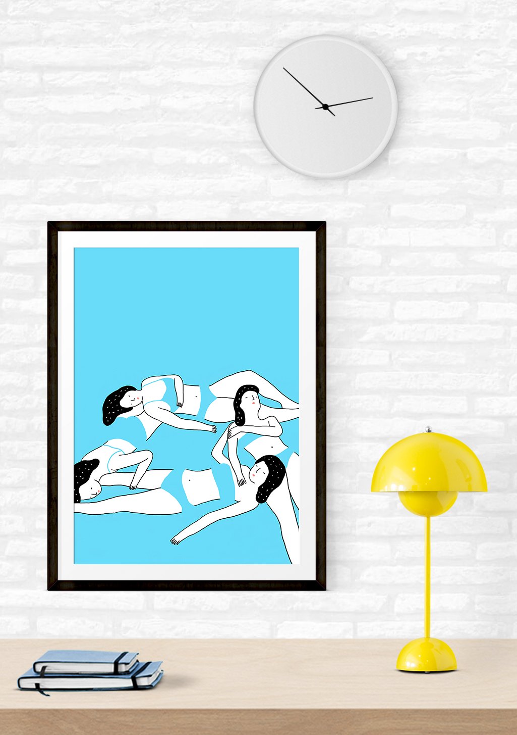 Art minimaliste bleu, quatre femmes lisant, style linéaire