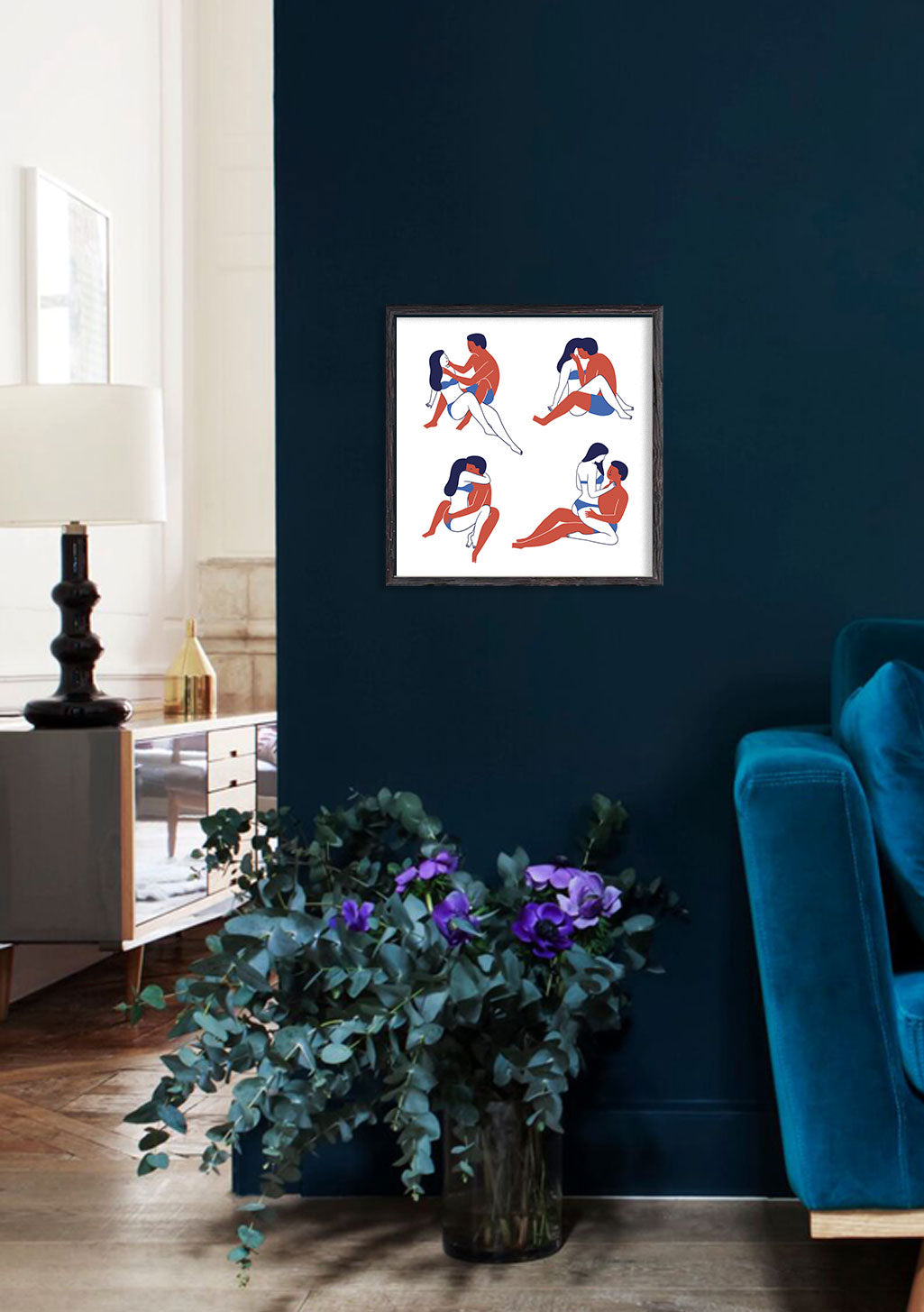 Art moderne, quatre figures stylisées, couleurs vives, positions dynamiques