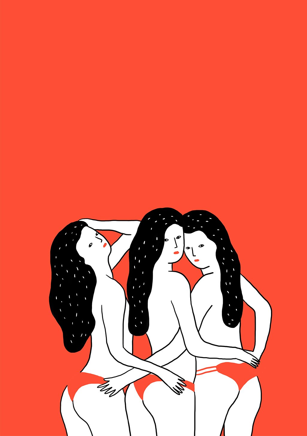 Illustration minimaliste de trois femmes nues, cheveux longs, sur fond rouge