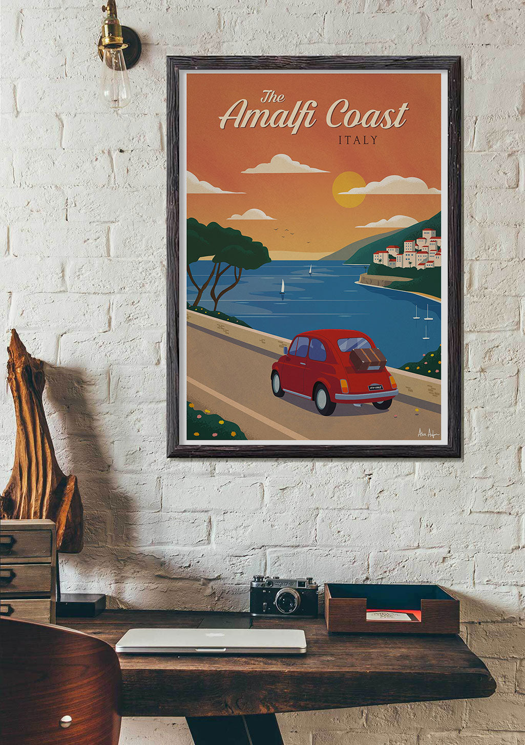 Poster de la Côte Amalfitaine, Italie, voiture rouge, coucher de soleil, mer, village