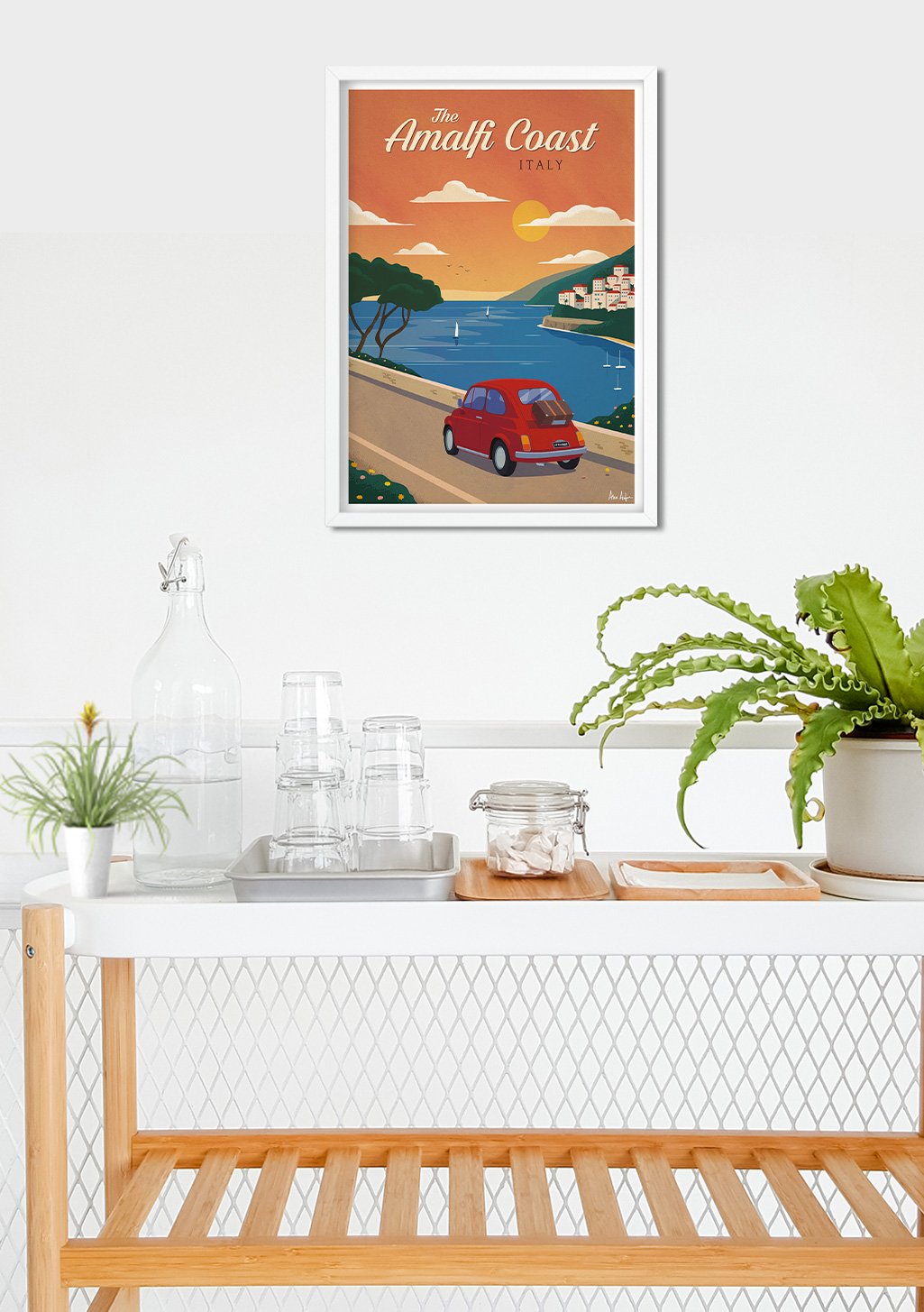 Poster de la Côte d'Amalfi Italie voiture route coucher de soleil