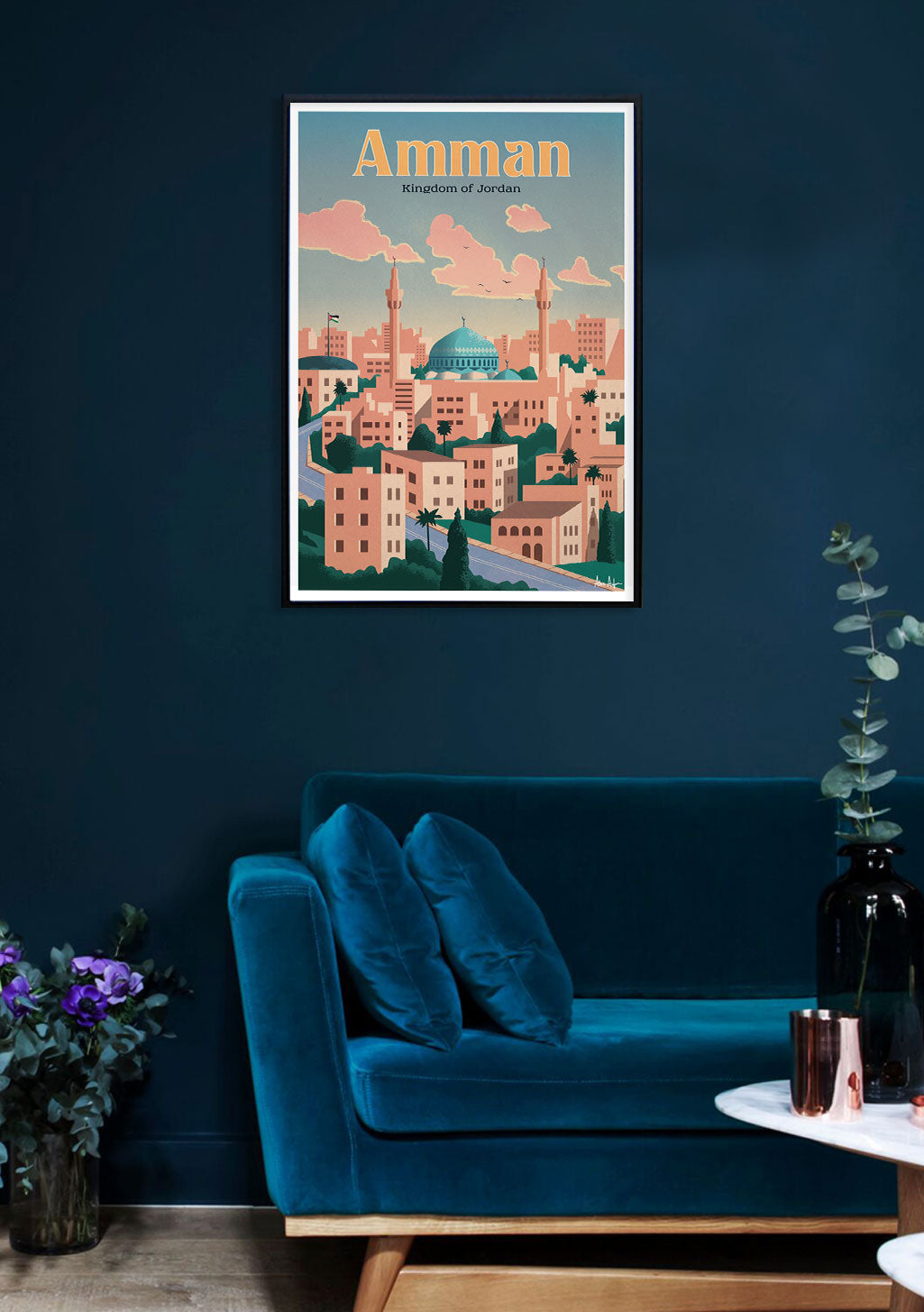 Poster d'Amman, ville du royaume de Jordanie, illustration colorée