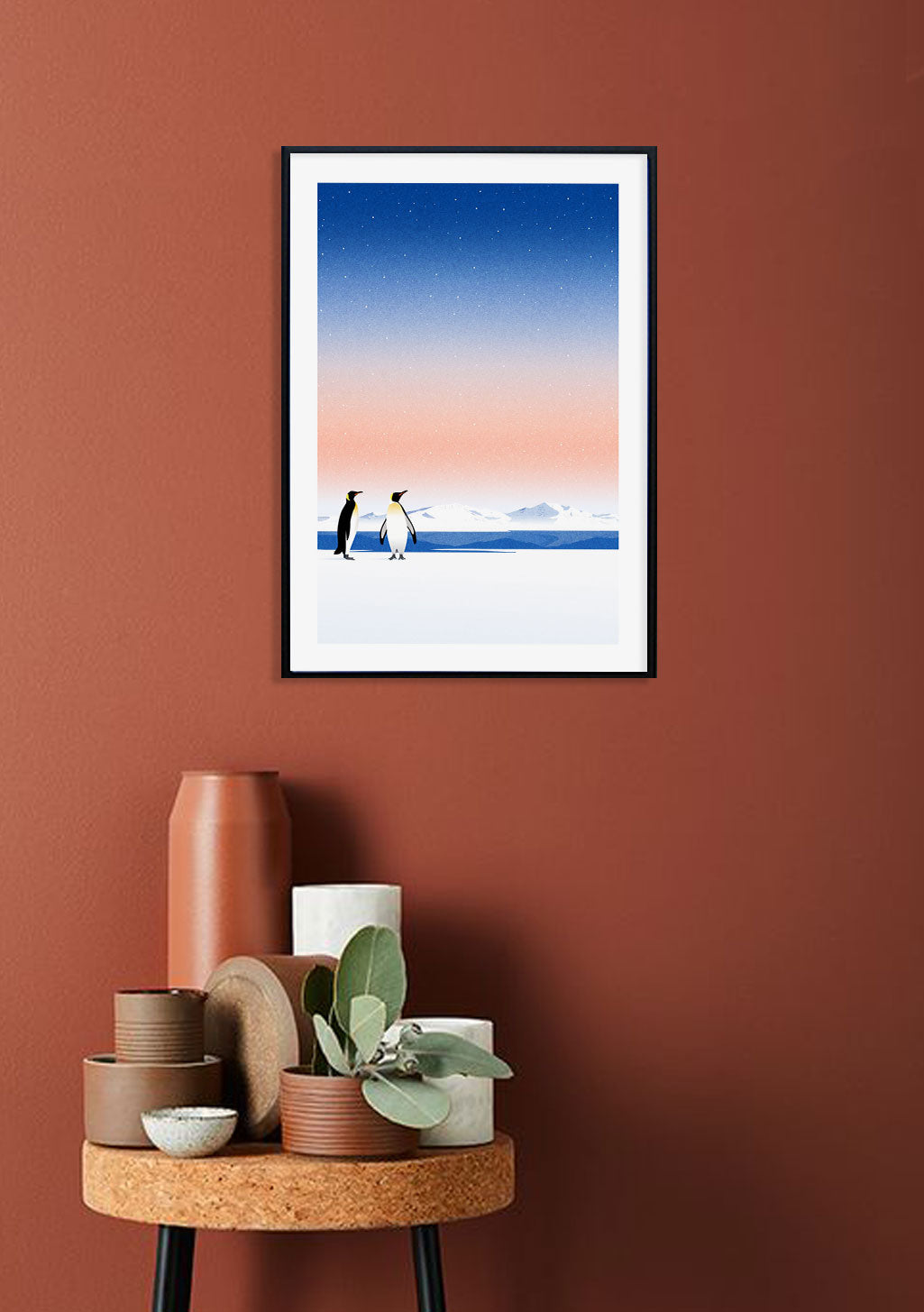 Penguins, neige, coucher de soleil, ciel bleu, étoiles