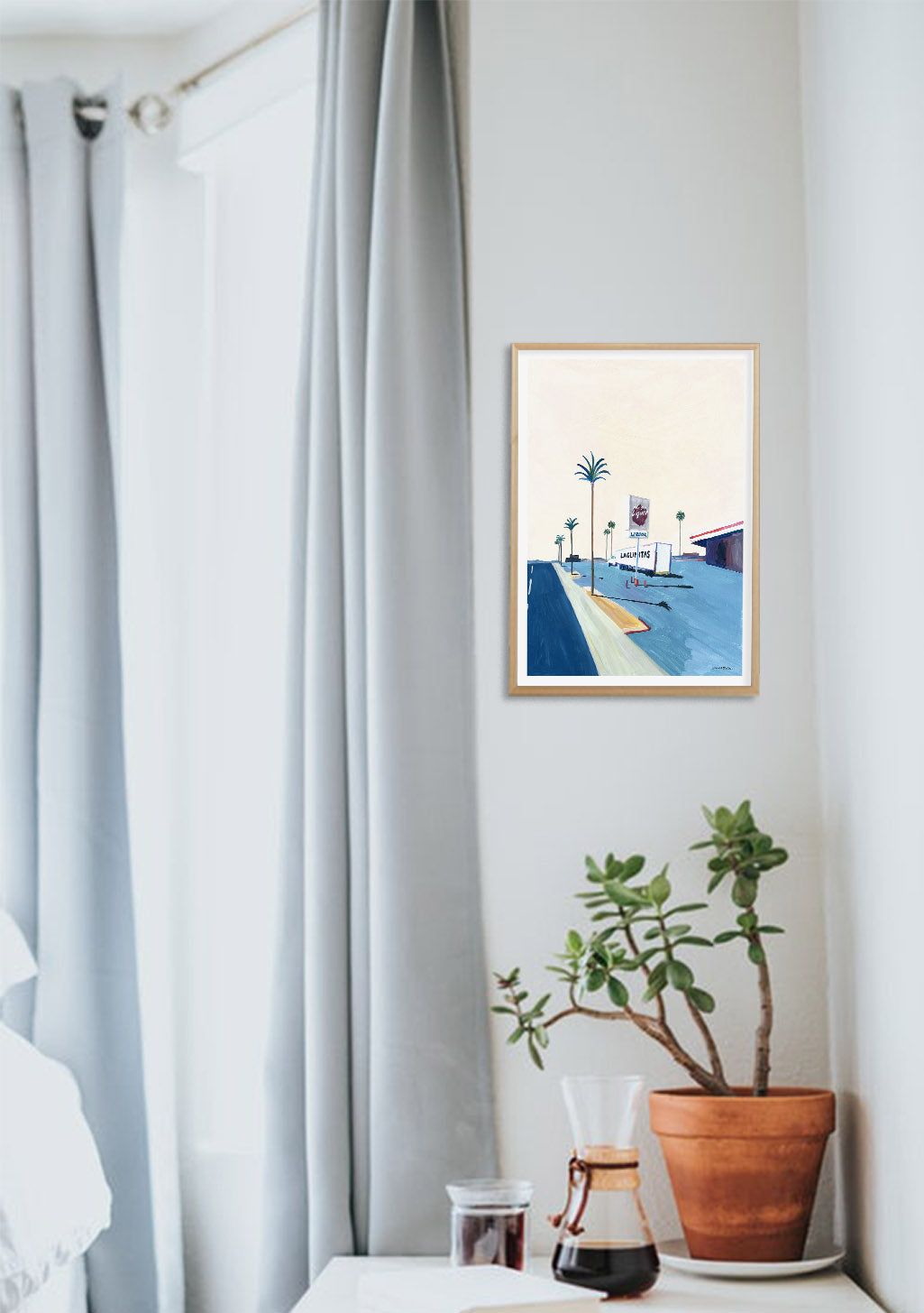 Poster de plage avec palmiers et bâtiments